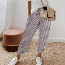 Valentine's Day 2026 Summer Women's Striped Casual Pants Loose Fit Elastic Waist Suitable For Christian Church Activities, Vacation, Beach, Daily Casual Wear, Etc - 藍色 - 查看 5