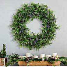 人造薰衣草花环，配丝带和黄杨木花环，直径44厘米/17.3英寸，仿真植物，逼真花朵，绿色，PE材质，适合装饰学校宿舍和办公室。也适用于户外派对、节日庆典、生日派对装饰、门廊点缀、酒店餐厅、客厅和卧室、婚礼布置、厨房装饰和花园装饰。 - 1pc,紫色 - 查看 9