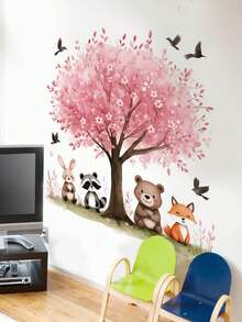 1片/2片/3片装 - 墙贴 - [绿色植物，粉色动物树] PVC自粘可移除墙贴，适用于托儿所、儿童房、游戏室或教室 - 可爱创意墙面装饰，适用于任何空间