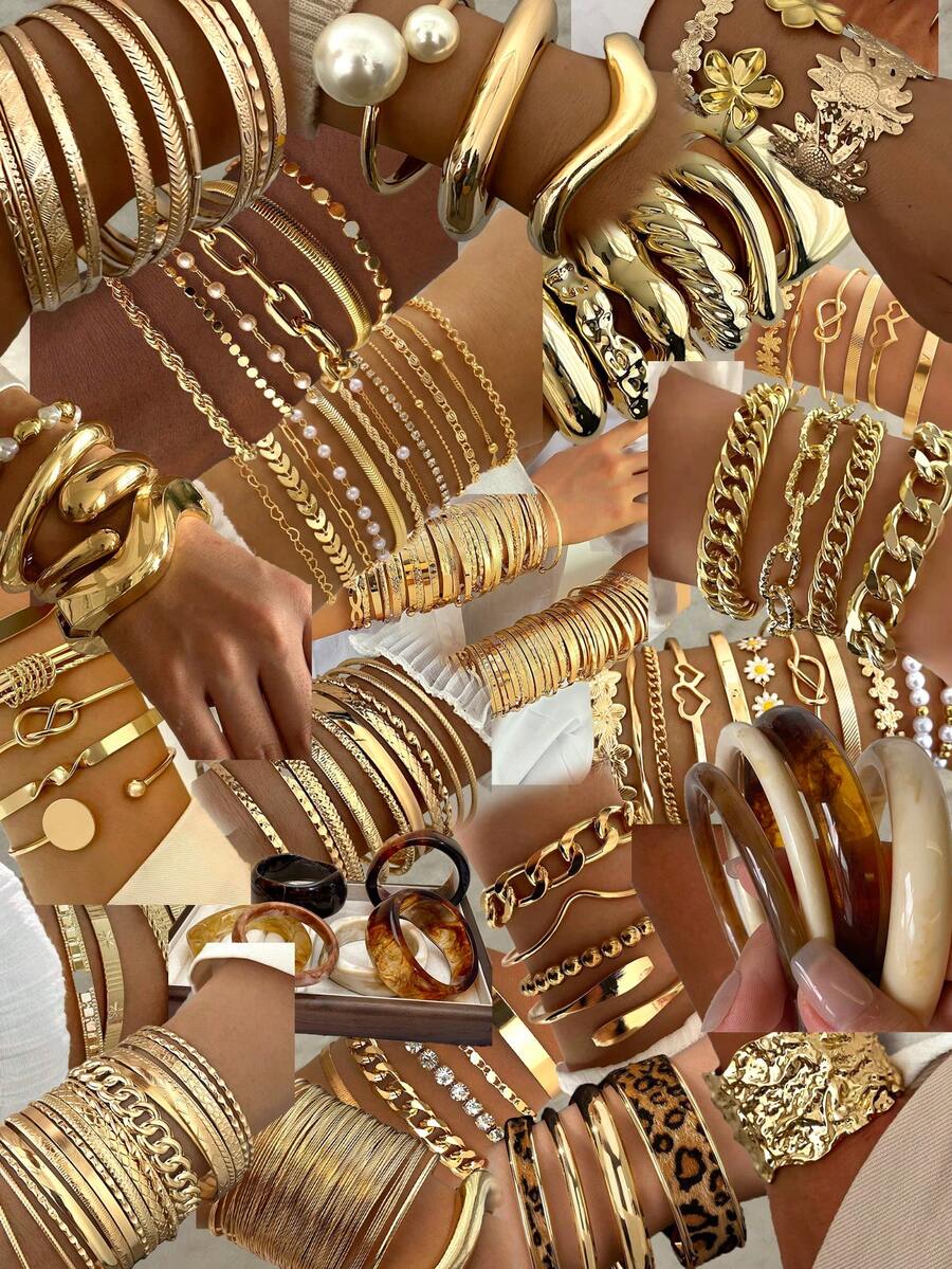 30/25/20/15/10/5pcs Multi-Piece Stackable Vintage Coin, Flower, Geometric, Ribbon, Water Drop, Colorful Resin, Heart, Twist, Faux Pearl Beaded, Chain Texture, Rhinestone, Bling Bling, Glossy, Minimalist Plain Circle, Snake Bone, Airplane, Plain Chain, Exaggerated Wide Bracelet Set, Simple Elegant Delicate Retro Design, Suitable For Holiday, Party, Date, Gift, Daily Wear (Random Shipment)