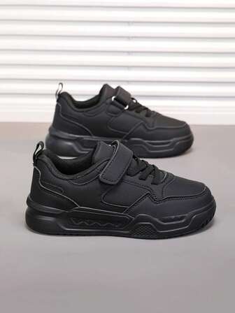 Kids Adjustable Low-Top Sneakers, Children's Black Canvas Shoes, Comfortable Lightweight Running Shoes For All Seasons, Teens PU Leather Casual Shoes, Skateboard Shoes, Flat Shoes, Suitable For Indoor/Outdoor Activities, Running, Walking And Strolling