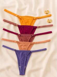 Set Of 5 Thong Panties With Adjustable Straps, Seamless, Polyester, 100% Cotton Gusset, Comfortable For Everyday Wear, Lingerie, Sensual - 彩色 - 查看 4