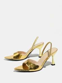 女士高跟鞋，适合春夏夜店、派对、舞会、户外活动等场合，时尚高端，香槟酒杯鞋跟，尖头设计，闪亮格纹金属材质，绑带，性感优雅的踝带，舒适百搭，适合各种正式场合，金色，多功能正式凉鞋，魅力高跟鞋，猫跟鞋 - 金色 - 查看 6