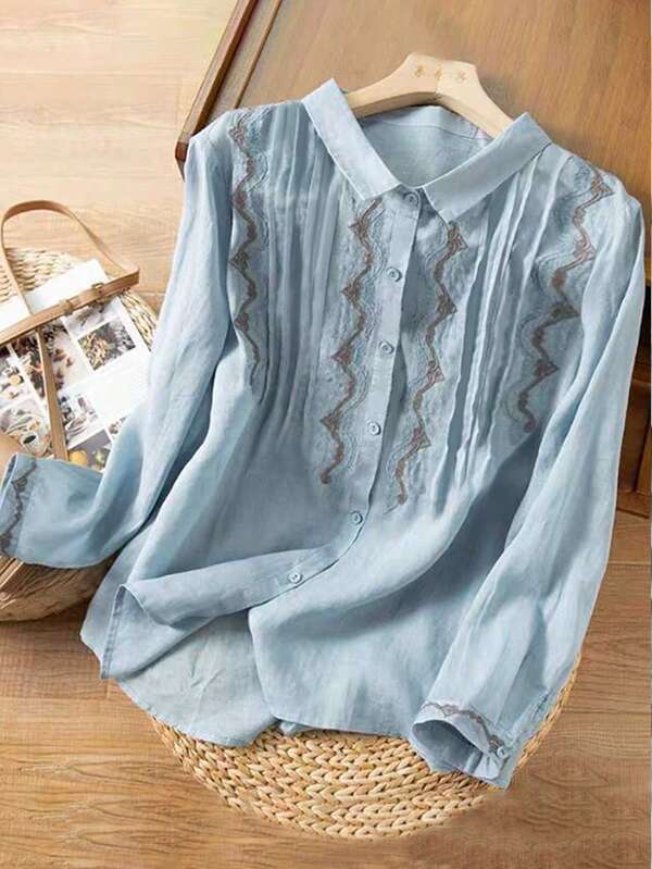Vintage Loose Casual Hobo Embroidered Collar Shirt, Artistic Style, Autumn