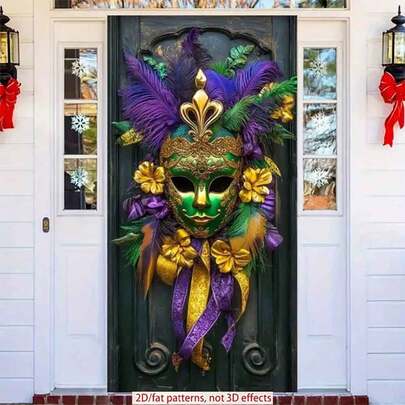 2D平面门旗，1件装，精美威尼斯风格面具图案，绿色面具，饰以华丽金色装饰，点缀鲜艳的紫色和绿色羽毛，以及美丽的黄色花朵，是生日派对、拍照区、主题活动、嘉年华主题派对装饰和嘉年华装饰的完美之选。采用耐用涤纶材质，无需用电。
