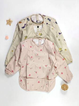 1pc Baby/Toddler Waterproof Feeding Smock, Long Sleeve, Cute Style, PU Material, Adjustable Snap Closure, Bib Pocket, Suitable For Daily Feeding