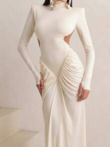 High Neck Long Sleeve Fitted Sexy Backless Solid Color Dress, Summer - Apricot - View 4