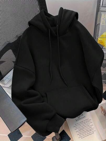 Solid Color Hooded Pullover Sweatshirt, Cute Women's Y2K Sweatshirt, Autumn Clothes For Women Back To School, Dropped Shoulder Long Sleeve Casual Women's Sweatshirt, New Fall Fashion 2025 For Women, Winter Clothes For Women Black