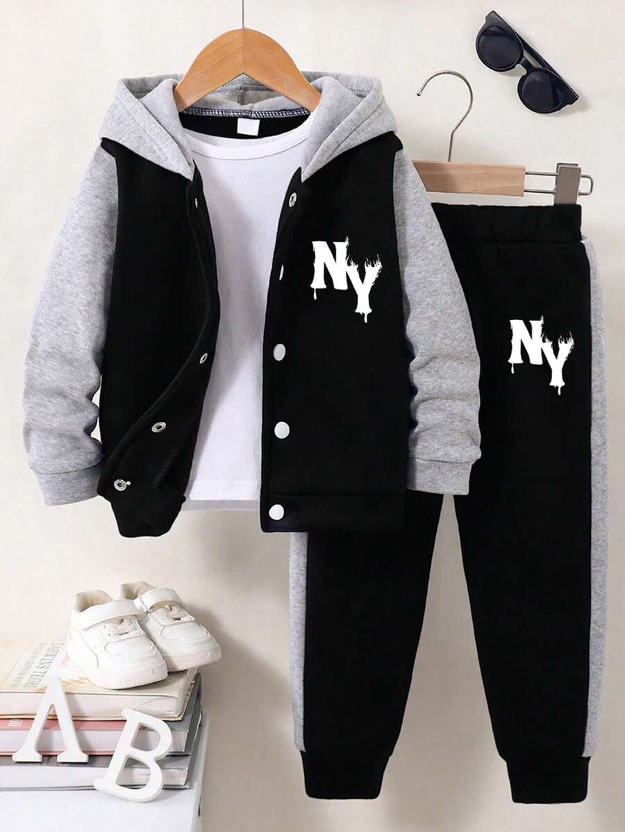 Boys' Letter Print Baseball Jacket And Pants Set