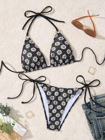 Women's Floral Print Cute & Sexy Bohemian Tie-Front Backless Bikini Set, Suitable For Vacation & Beach