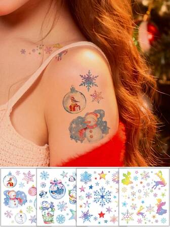 8 st glitter jul tillfälliga tatueringar - glänsande snöflingor, renar, snögubbar och julgransmönster, festliga juldekorationer, perfekta kroppskonsttillbehör för fester, musikfestivaler och perfekta julklappar till familj och vänner