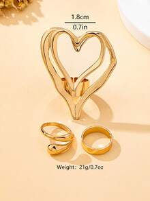 3pcs/Set Women's Adjustable Open Ring, Fashionable Street Hip-Hop Style, Suitable For Daily Wear - Heart-shaped Gold - View 7