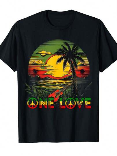 Camiseta Gráfica de Música Reggae para Hombre - Orgullo  Jamaica con Estampado de Palmera y Guitarra al Atardecer, Cuello Redondo 100% Algodón Suave y Transpirable, Manga Corta para Uso Casual, Conciertos, Festivales & Vies, Camisetas Musicales, Vestimenta Festivalera, Estampado Vibrante 100% Algodón