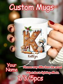 1/2/4pcs Personalized Custom Text Gingerbread Initial Mug | Custom Mug For Friend Holiday Surprise Gift, Long-Distance Friendship Christmas Keepsake, Daily Office Coffee/Tea Cup, Friend Gifting Accent - Multicolor - View 2