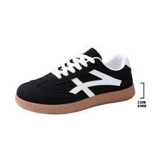 Contrast Color Solid Preppy Casual Gym Sneakers For Women, Plus Size EU36-EU43, Lace-Up Black & White Patchwork Flat Casual Retro Outdoor Sports Running Shoes - Black - View 9