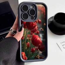 Cubierta de telefono con borde negro y diseño floral rojo con tulipanes y abejas para iPhone 14 Pro Max estilo elegante para uso diario y trabajo - Café integral - Ver 3