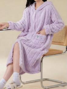 Casual Solid Color Wool Jacquard Robe, Autumn/Winter Warm Thermal Lined Long Sleeve Flannel Plush Button Up Hooded Loose Robe/Bathrobe With Pockets, Women Sleepwear - 淡紫色 - 查看 5