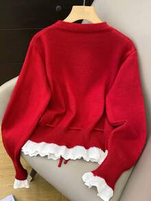 JIANHU Áo khoác cardigan dệt kim màu kem có dây rút - Thu Đông cổ tròn cài nút viền ren xếp ly | Trang phục thoải mái, giản dị cho buổi hẹn cà phê và tiệc Giáng sinh | Ấm áp và đa năng, phù hợp cho Giáng sinh, tiệc năm mới và mặc hàng ngày - Đỏ - Xem 4