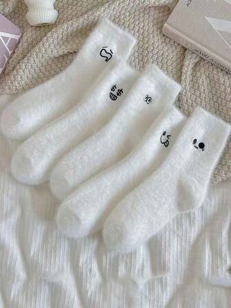 3 pares de calcetines blancos para mujer, calcetines cálidos de felpa de visón para dormir y estar en casa con expresiones divertidas, entrega aleatoria, otoño/invierno, calcetines acogedores