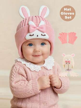 2pcs Closed-Eye Rabbit Ear Muffs & Gloves Set, Warm Double-Layer Knitted Cap & Mittens For Kids, Cute & Fashionable, Soft & Skin-Friendly, Suitable For Outdoor, Walking, Playing, Skiing, Ice Skating, Christmas & Halloween Gifts