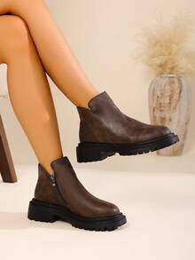 Women's Retro Minimalist Ankle Boots With Side Zipper Design, Round Toe, Lightweight, Suitable For Outdoor, Casual Solid Color Short Boots With Soft Non-Slip Soles, All Season - Brown - View 5