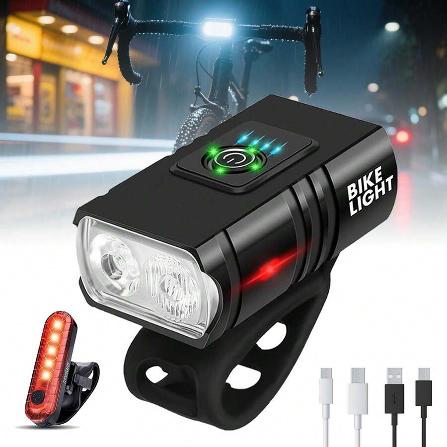 1 SET USB Rechargeable Front/ Back Riding Bike Light Set, Super Bright Bicycle Headlight & Taillight, 6+4 Lighting Modes Cycling Lights, No Need Tool& Screws, Easy Install, Smart Bike Flashlight Accessories For Ebike Road Bike - M00002 - 查看 1