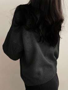 Turtleneck Sweater For Women, Loose Fit Short Style, Long Sleeve Cable Knit, Autumn/Winter - Black - View 5