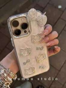 Sanrio Capa de Telefone Fashionable 3D com Laço de Strass Oco, Design de Gato Hello Kitty, Compatível com iPhone 16 Pro Max, 14, 15 Pro, 13, 12 Pro, Borda Macia Casco Rígido Anti-Queda, Adequado para Meninas e Mulheres - Prata - Visão 4