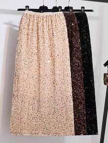 A Fitted Midi Skirt With Sequins And Lining. - 香檳色 - 查看 5