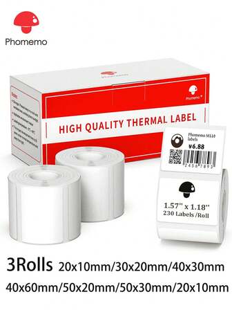  Phomemo 3 件热敏标签纸卷，方形标签，常规标签尺寸，适用于 Phomemo M100/M102/M108/M120/M160/M110/M220/M120/M200/M221/M150/M250/M260/M421 标签机的多用途标签，自粘式热敏打印纸，非常适合服装标签、价格标签、类别标签、包装贴纸、运输标签