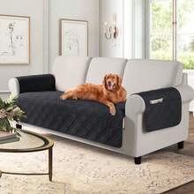 1PC  Waterproof Sofa Cover With Side Pocket, Non-Slip Washable Couch Protector, Anti-Scratch Pet Couch Cover For Dogs/Cats, Suitable For 1/2/3 Seater Living Room Black - 黑色 - 查看 11