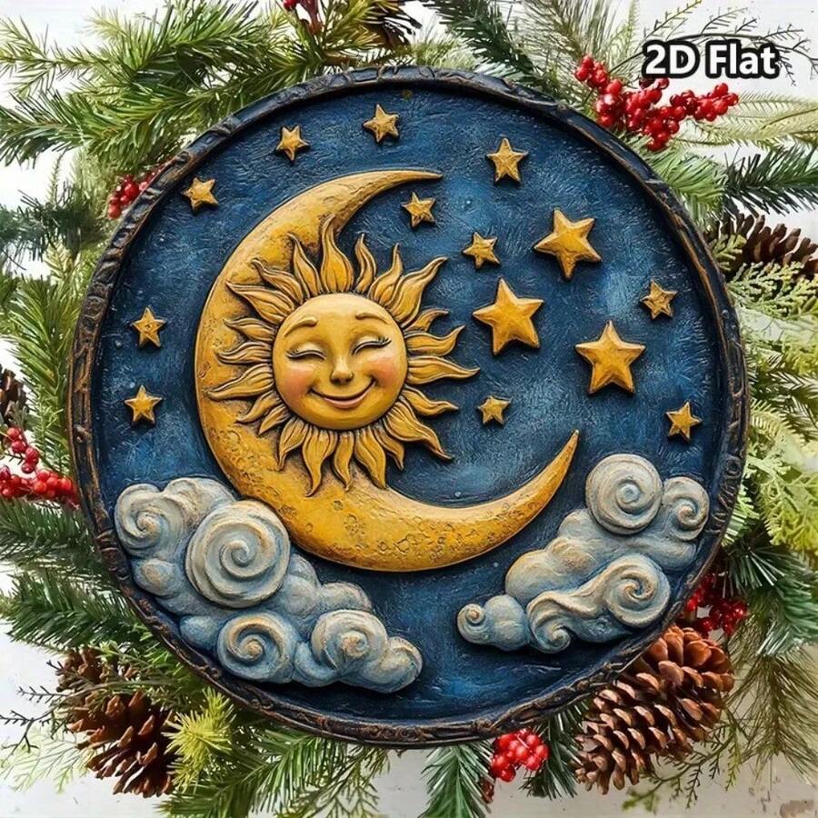 [2D Flat] 1pc Vintage Sun & Moon Metal Wall Art - 8x8 Inch Aluminum Sign With Celestial Design, Golden Sunburst & Stars - 彩色 - 查看 1