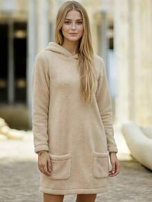 Sudadera Larga tipo Teddy Informal, con Capucha y Bolsillos Laterales para Mujer, de Tejido Suave y Cálido para Mujer, Temporada Otoño/Invierno - Hueso - Ver 3