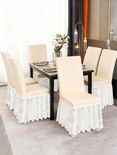 1 ชิ้น เนื้อผ้าไหมนม สีพื้น ยอดหลังสูง ลูกไม้ตาข่าย ผ้าคลุมเก้าอี้งานเลี้ยงแต่งงาน, ดีไซน์โรแมนติกและทันสมัย ยืดหยุ่น กันฝุ่น กันลื่น เหมาะสำหรับตกแต่งเก้าอี้ในห้องนั่งเล่น ห้องรับประทานอาหาร และบ้าน