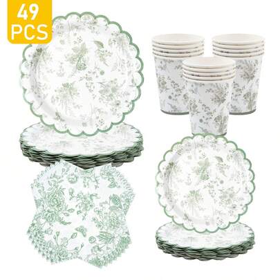 8pcs Green Porcelain Floral Disposable Plate, Napkin And Cup Set, Includes Plates, Napkins And Cups, Suitable For 8 Guests, Disposable Paper Plates Party Supplies For Birthday, Wedding, Theme Party, Family Picnic