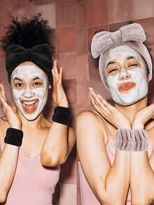 3pcs Women Headband & Wristband Set (Free Facial Cleansing Brush) - Solid Color Stretchy Bow Headband And Soft Facial Cleansing Wristband - Comfortable For Daily Wear, Ideal For Gentle Face Washing And Makeup - Multicolor - View 5