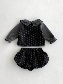 3pcs Baby Girl Sweet Peter Pan Collar Undershirt, Ditsy Floral Vest, Ruffle Pants Set, Autumn