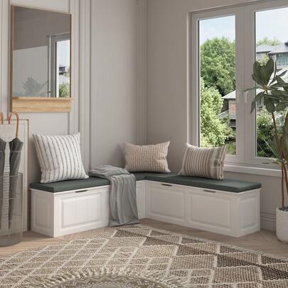 ECACAD L-Shaped Entryway Storage Bench With Cushioned Seat, 18" H Corner Dining Bench Wooden Banquet Bench - Corner Shoe Cabinet For Hallway Or Mudroom