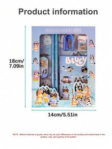 1 set Bluey Familj & Vänner tecknad linjal, pennvässare, suddgummi, anteckningsbok, kreativ teckning och kontorsmaterial, Bluey, Bingo, Hund, Chili, Rostig, Muffins pappersset, Födelsedag, Julklapp