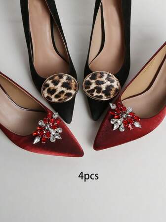 4pcs Red Artificial Crystal Leopard Print Metal Decor, Fashion Elegant Classic Cute DIY High Heel Shoes Accessories, Suitable For Stylish Sexy Ladies Date Shoes, Sneakers, Brooches, Bag Clips, Home Decor, Multi-Purpose Decorations