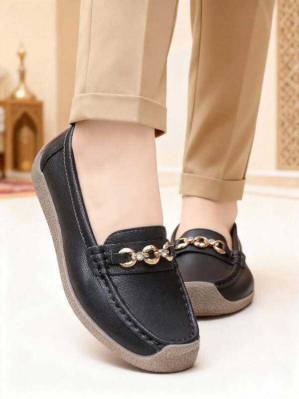 Women Black Rhinestone & Chain Decor Flats, Loafers Shoes For Women, Elegant & Casual Style, Comfortable Flat Shoes Fall.