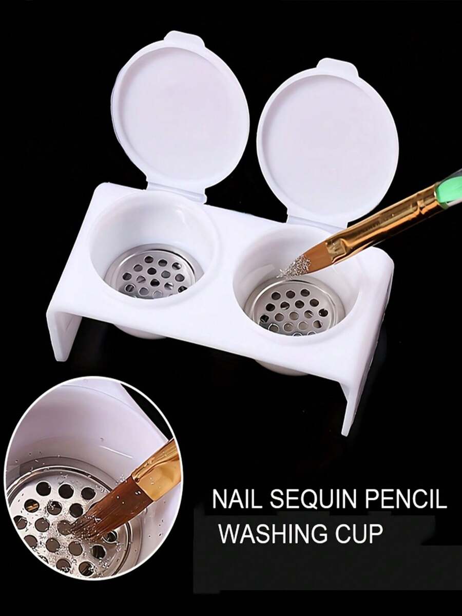 2个双孔刷子清洗杯 - 带网格盖，迷你珠宝收纳盒，圆形便携式刷子清洗盒，美甲工具