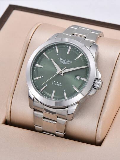 LONGLUX 1 件男士自动机械防水日历钢带蝴蝶扣商务手表，高端