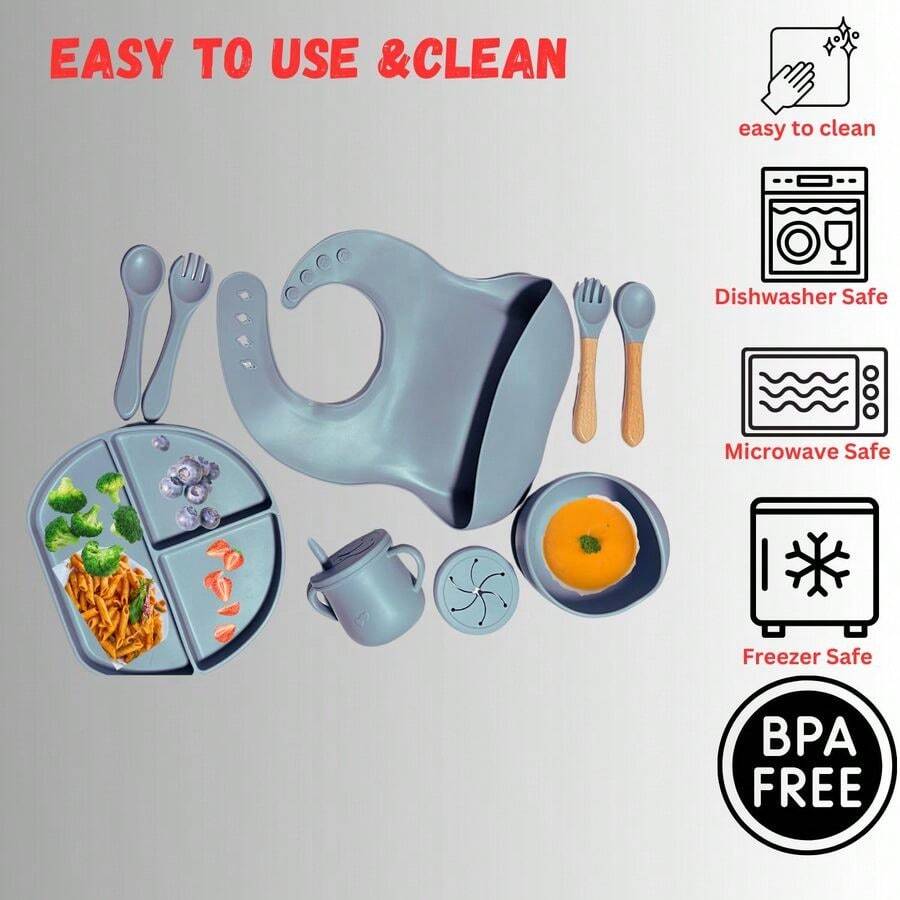 Baby Feeding Set, Suction Plate, Bowl, Bib, Spoon/Fork Set, Wooden Utensils, Sippy Cup With Snack Lid