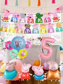 Peppa Pig-Themed Children's Birthday Party Decoration George Pig Flag Aluminum Film Balloons, Latex Balloons, Banner Set Scene Decoration Supplies - Multicolor - View 2