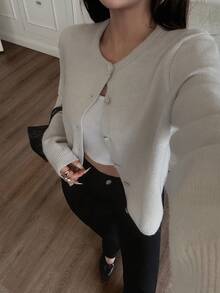 Áo len cardigan ngắn tay cài nút cho nữ Áo len dệt kim gân Y2K Áo khoác ngoài cho bé gái Áo phông - Màu Xám nhạt - Xem 2