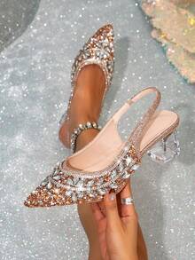 Women's High Heel Sandals, Women's Pointed Toe High Heels Decorated With Colorful Rhinestones, Transparent Crystal Heels High Heels, Elastic Ankle Strap Sandals, High Heel Sandals Suitable For All Seasons, Elegant Dance Shoes, Suitable For Weddings, Parties, Business, Valentine's Day And Other Occasions,Spring Summer Outfits - Champagne - View 1