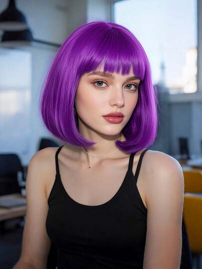 Short Straight Synthetic Bobbed Wig With Bangs - Available In Multiple Colors, Suitable For Everyday, Halloween Parties, Christmas, Holidays, Festivals, Music, Movies, Gaming, Superhero Costumes, Fashion Themes, Natural Appearance, Beginner-Friendly, Great Gift, Stage Performance Accessory, Y2K Style Wig, Pastel Color Bangs Wig