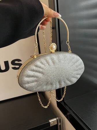 珍珠点缀椭圆形手拿包，顶部提手和链条肩带晚宴包，时尚手提包，适合派对、婚礼、舞会等场合，女士时尚吸睛包款，百搭正式场合配饰