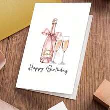 成人款优雅香槟生日贺卡 - “生日快乐”玫瑰金气泡酒杯设计（含信封） - 彩色 - 查看 9